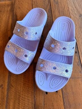 Crocs Glitter Double Strap Slides Lavender Purple Girls J5 Sandals EUC